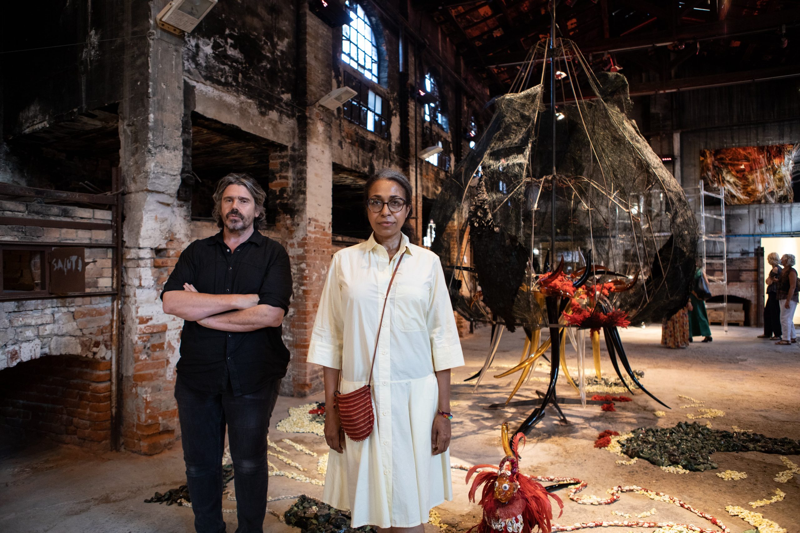 Curators Koen Vanmechelen and Nadjia Romain at Unbreakable: Women in Glass